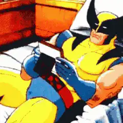 Wolverine looking at sleeping cat
