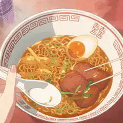 Anime girl eating ramen with chopsticks