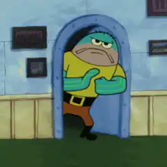 Fish character crossing arms in doorway