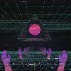 Synthwave hands reaching for pyramid