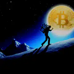 Silhouette climbing mountain toward Bitcoin moon