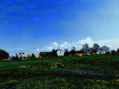 glitchy rural landscape with windmill