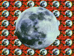 Moon surrounded by smaller moons on red background