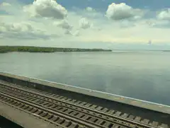 Train tracks on a bridge over water