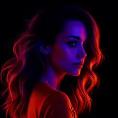 Woman with neon red and blue lighting