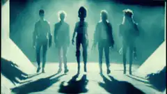 Five figures walking forward with glitch text