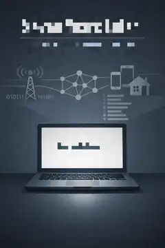 Laptop with network icons and binary code