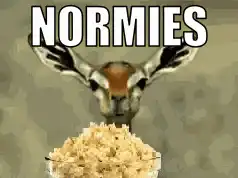 Deer eating rice with text NORMIES