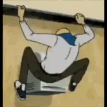 Man hanging from ceiling fan