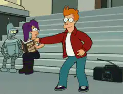 Fry points at Leela and Bender