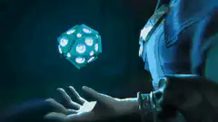 Glowing blue d20 die