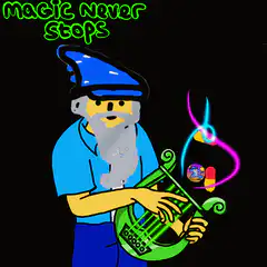 Wizard playing harp with magic pills