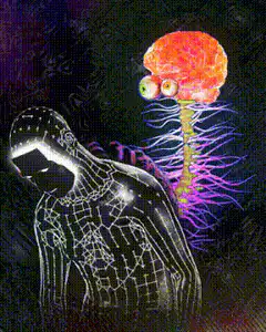 Wireframe man and brain with eyes