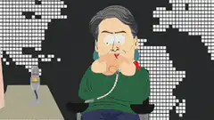 South Park character on phone with world map background