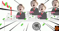 Donald Trump printing money with Bitcoin logo