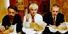 Trainspotting guys eating chips