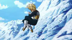 Broly punches Super Saiyan Trunks into a mountain