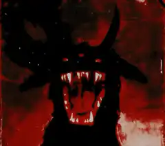 Demon with glowing red eyes and sharp teeth