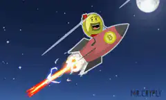 Bitcoin rocket emoji flying through space