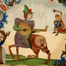 medieval man playing lute on a bull