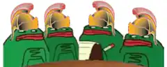 Four green frogs smoking and talking