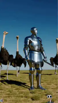 Knight surrounded by ostriches