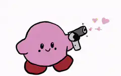 Kirby shooting hearts from a gun
