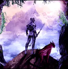Cyborg warrior and alien beast on cliff