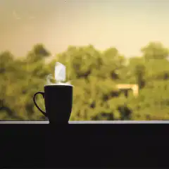 steaming mug on windowsill