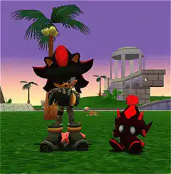 Shadow the Hedgehog dancing with a red creature