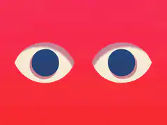 Red face with blue eyes looking around