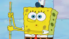 SpongeBob holding a stick then blushing