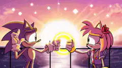 Sonic and Amy hug with golden aura