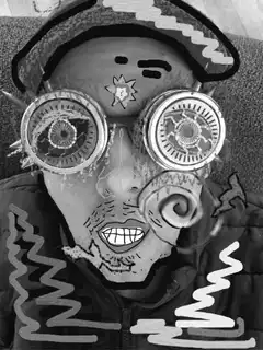 Person with drawn-on face and goggles