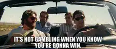 Four men in a convertible with gambling quote