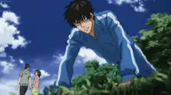 Anime boy in blue tracksuit crawling and drooling