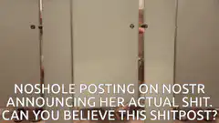 Woman in bathroom stall with arms out