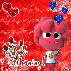Pink character saying Good Morning