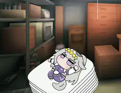 Chibi character sleeping on mattress in storage room