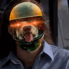 dog in helmet with glowing eyes