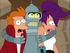 Bender hugging Fry and Leela