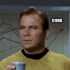 William Shatner sipping coffee with $100K graph