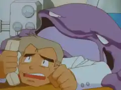 Man on phone with giant purple monster