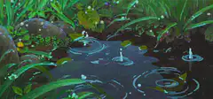 raindrops falling in a forest puddle