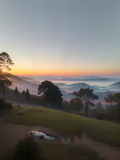 misty sunrise over rolling hills