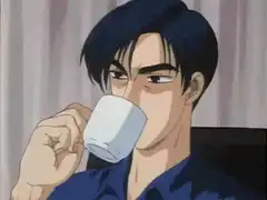 anime man drinking coffee
