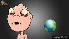 Bald cartoon man watches earth explode