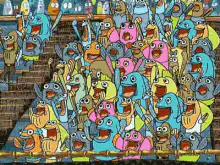 Crowd of monsters eating corn dogs