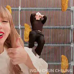 Taylor Swift thumbs up while person climbs wall of nachos