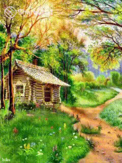 painting of log cabin in forest